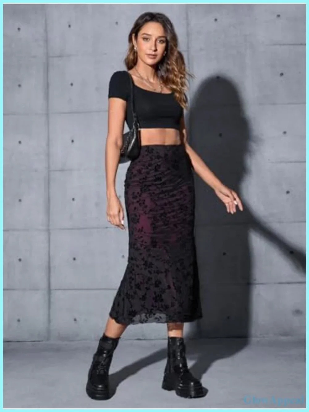 Women's Fishnet High Waisted Bodycon Skirt 90s Y2K Grunge Floral Goth Midi Skirt